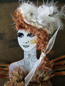 Thread hair, stamping embossed, bird nest in hair made of paper thread, coton threads, feathers. Mounted on board.